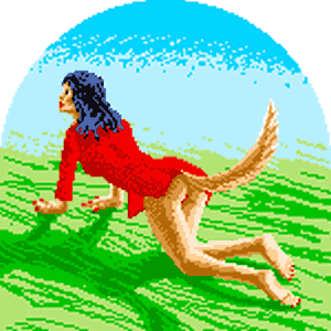 Sketch of a girl in a red dress on all fours, with wolf tail and claws.