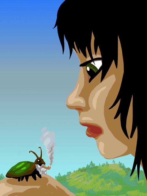 Young human looks at ancient pipe-smoking beetle. Dream sketch by Wayan. Click to enlarge.