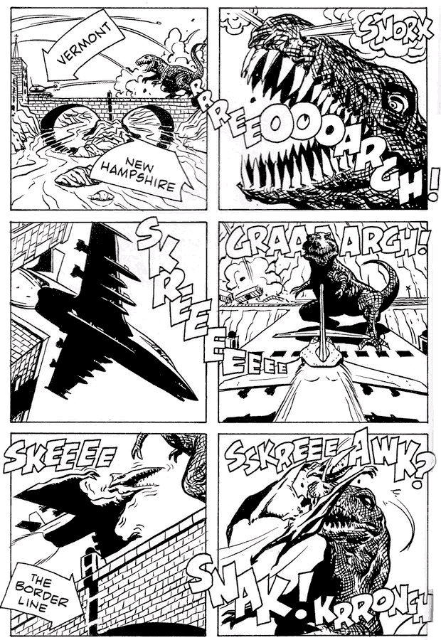 Jet versus T. Rex on Bellows Bridge; dream comic by Rick Veitch.