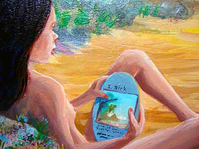 Painting of a girl with dark hair lounging on a rock; her oval smartbook shows Sandow Birk's painting 'View of San Quentin'. Click to enlarge.