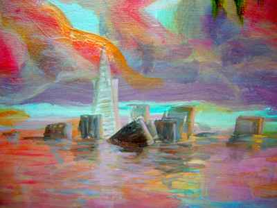 Painting of downtown San Francisco's towers knee-deep in the sea; the Transamerica Pyramid stands but the Bank of America has fallen.