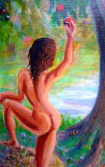 Painting of a nude girl with dark hair reaching up to pick fruit.
