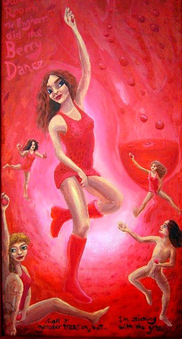 Close-up of painting of a dream by Chris Wayan. In the Juice Room, girl engineers dance and slide giant strawberries up their go-go dresses. Click to enlarge.