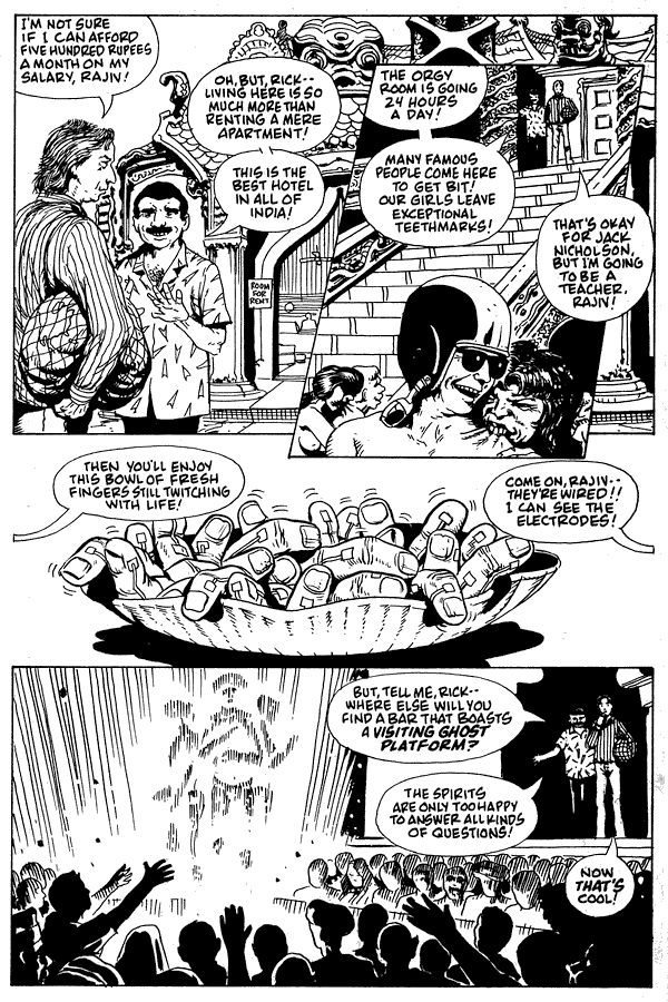 The best hotel in India has an orgy of biters, bowls of severed fingers, and an oracle-ghost platform; dream-comic by Rick Veitch. Click to enlarge.