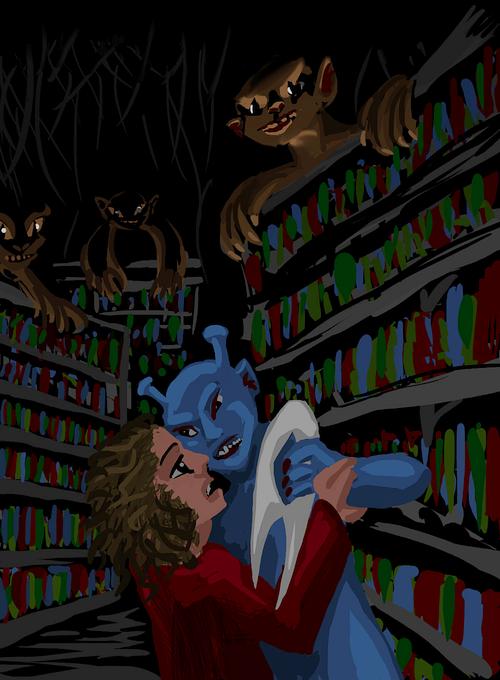 I fight a blue-skinned Andorian in a shadowy library. Dream sketch by Wayan. Click to enlarge.