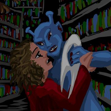 I fight a blue-skinned Andorian in a shadowy library. Dream sketch by Wayan.