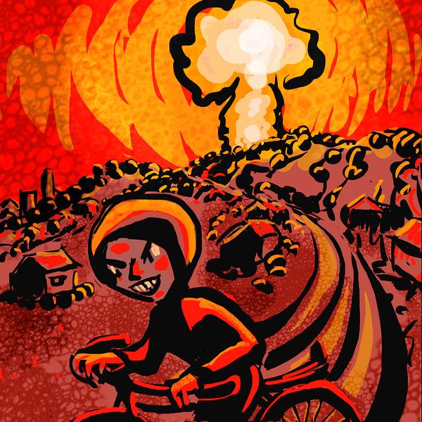 I bike away from a mushroom cloud rising over a hill behind me. Dream sketch by Wayan. Click to enlarge.