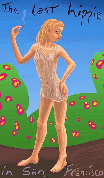 Smoker in gauze minidress; the last hippie in San Francisco, 1994. Sketch by Wayan. Click to enlarge.