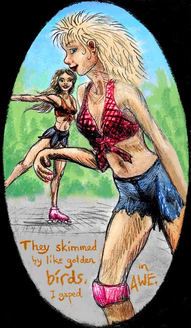 Two skater girls in Golden Gate Park, 1994. Sketch by Wayan. Click to enlarge.