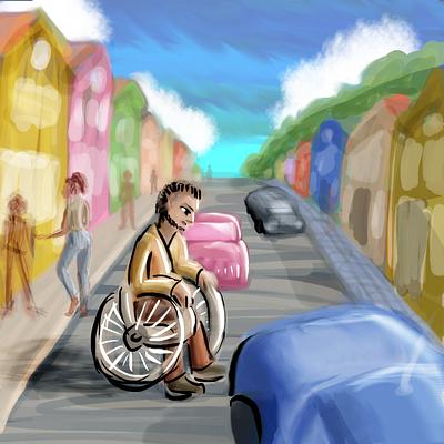Paraplegic crossing Haight Street, stuck in traffic; street sketch by Wayan. Click to enlarge.