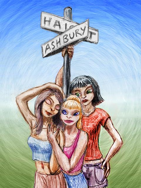 Three tourists lean on Haight-Ashbury street sign; sketch by Wayan. Click to enlarge.