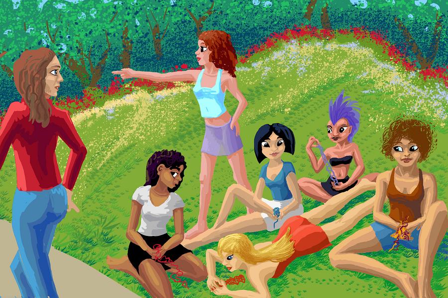 Six girls play with yarn in Buena Vista Park, San Francisco, 1994, by Wayan. Click to enlarge.