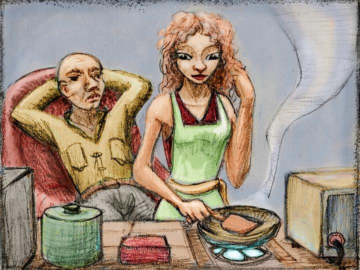 I'm Bill Cosby's wife, trying to cook on his tiny, stingy stove. Dream sketch by Wayan. Click to enlarge.