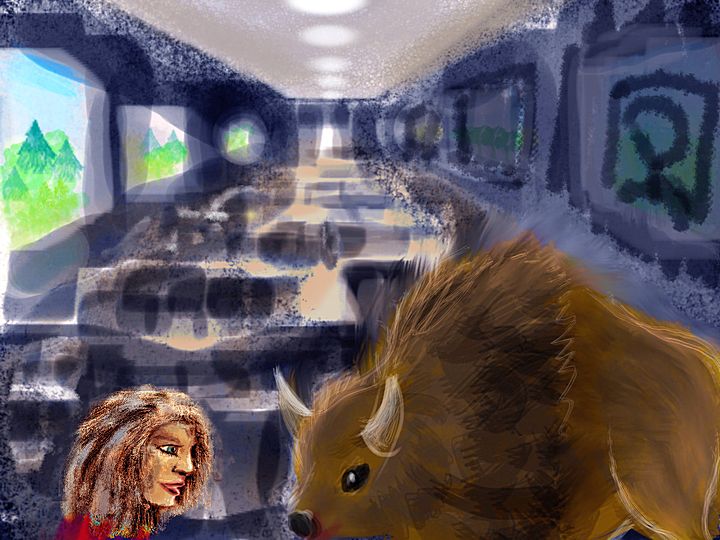 I meet a bison in a narrow mazelike office. Dream sketch by Wayan.