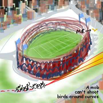 Sketch of mob chasing me, a winged being, around the outside of a stadium. Because it's convex, I can dive behind the bulge.