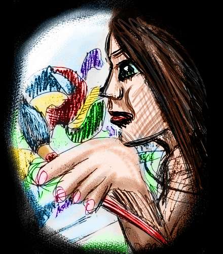 sketch of a dream; a frowning dark-haired woman paints intently.