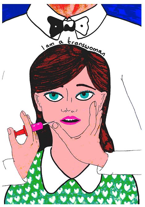 A doctor puts a needle to my lips as I say 'I am a transwoman'. Dream sketch by Selena. Click to enlarge.