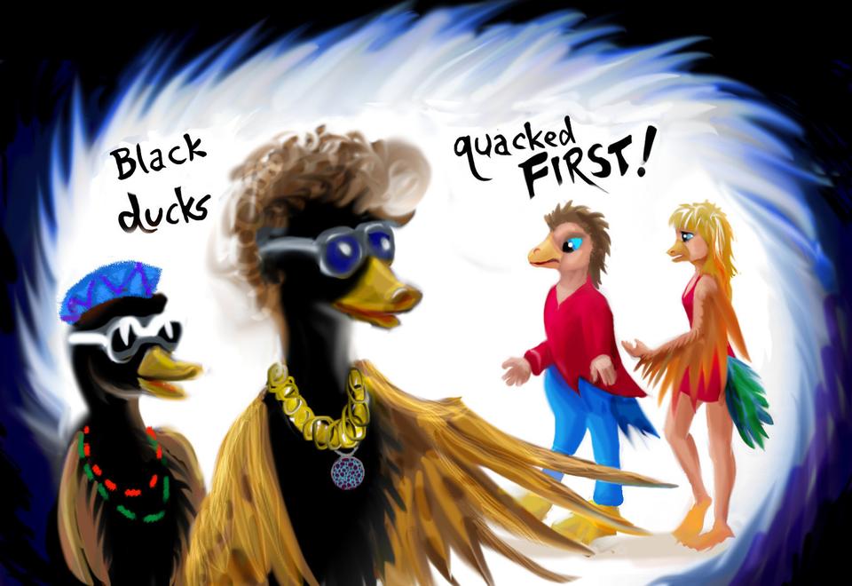 'Jazz-singing ducks say 'Black ducks quacked first!'; dream sketch by Wayan. Click to enlarge.