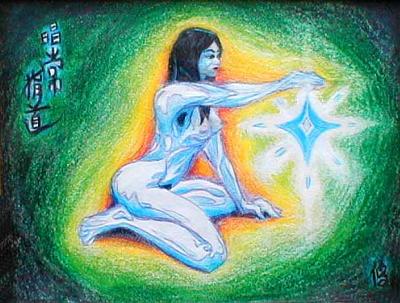 Naked girl stares at her blue crystal of intuition, which guides her. Dream sketch by Wayan.