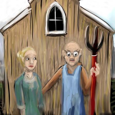 'American Gothic', painting by Grant Wood, sketched by Wayan.