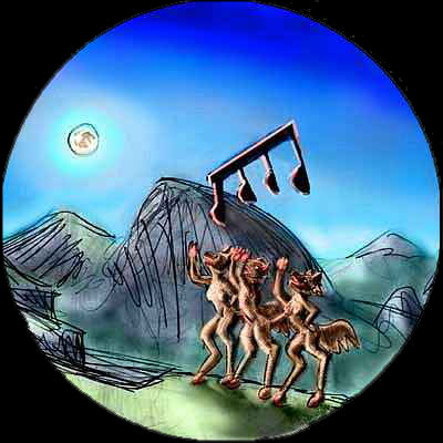 Dream: three coyote people serenade the rising moon from a cliff-edge in Yosemite.