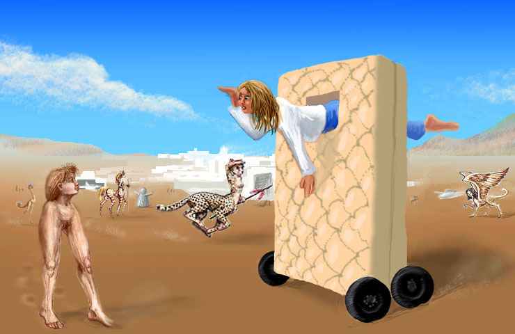 Dream image: an upended mattress wheels through a desert valley. I'm stuck in a hole through the mattress. Around me, strange creatures, part human, part not. Background: a white complex of hangars--a city? A military base?