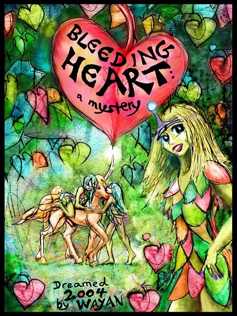 Page 1 of 'Bleeding Heart', a dream-comic by Wayan: cover. Greenish women in multicolored tunics of leaves play with a unicorn in a wood. Click to enlarge.