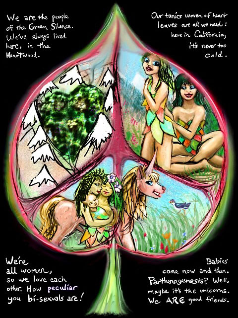 Page 2 of 'Bleeding Heart', a dream-comic by Wayan. A map of the Heartwood; tunic-weaving; how tree-women reproduce. Click to enlarge.
