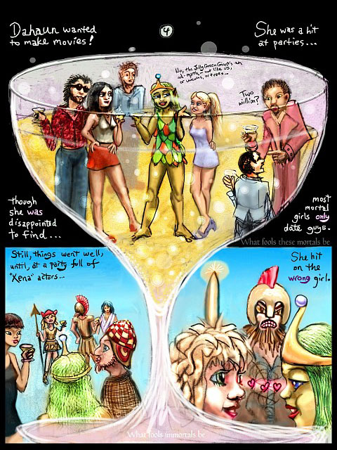 Page 4 of 'Bleeding Heart', a dream-comic by Wayan: Dahaun flirts with women at Hollywood parties. Page laid out as a huge wine glass. Click to enlarge.