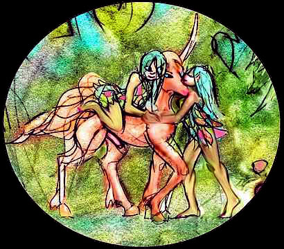 Two dryads and a unicorn petting each other