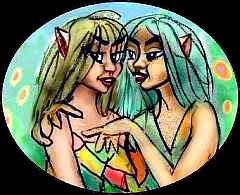Two leaf-clad green-skinned dryads  gossip