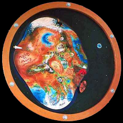 Bas-relief sculpture-painting of Mars, seen through a spaceship porthole, with the porthole as the frame.