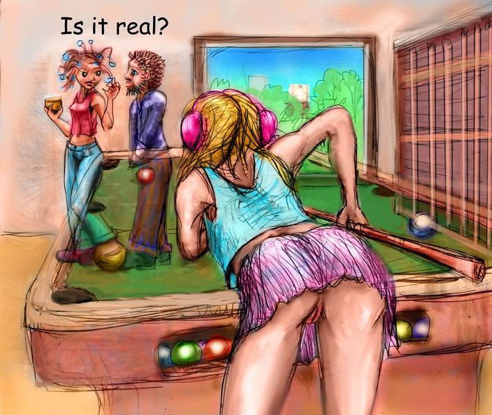Girl plays virtual pool with VR goggles. When she leans over the invisible pool table, it turns out she's naked under her short skirt. Dream sketch by Wayan. Click to enlarge.