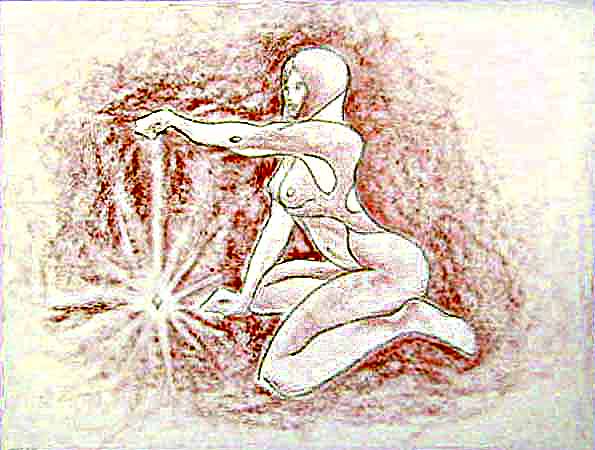 Crouching girl dangles a luminous crystal. Dream sketch by Wayan.
