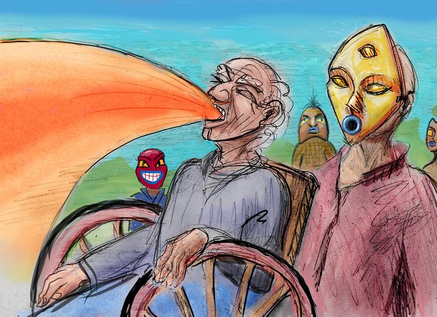 Old man in wheelchair spews brown stew at masked caretakers. Dream sketch by Wayan.