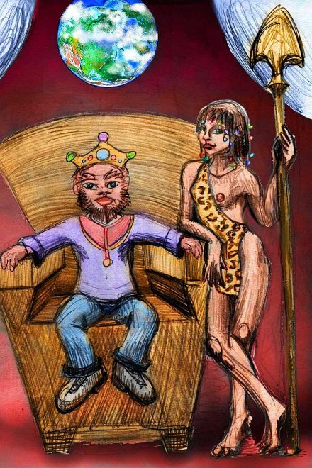 Bearded dwarf on a golden throne; and his ambassador, a girl in a leopardskin. Dream sketch by Wayan. Click to enlarge.