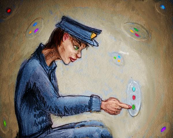 Policewoman pushes alien green button. Dream sketch by Wayan. Click to enlarge.