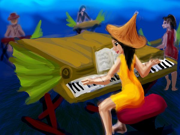Witch plays a keyboard with green fish-fins. Dream sketch by Wayan. Click to enlarge.