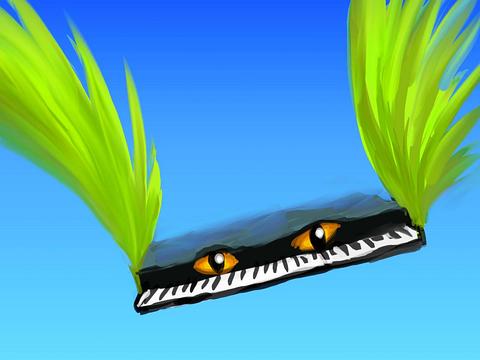 A keyboard with eyes and green fish-fin-wings. Dream sketch by Wayan.