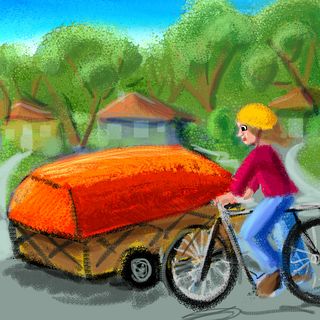 I bike past an orange boat on a trailer. Sketch by Wayan. Click to enlarge.