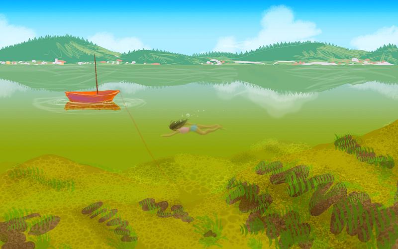Swim to an orange boat in a murky lake. Dream sketch by Wayan. Click to enlarge.