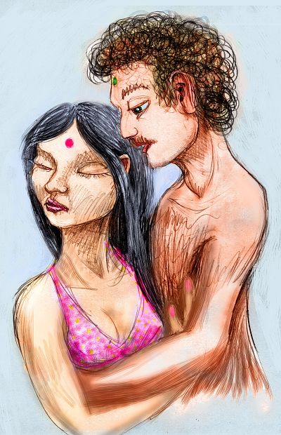 Sketch by Wayan from dream of being trapped in a Bollywood movie: a man with moustache and bhindi on forehead embraces a woman with bhindi in magenta top who turns her face away, apparently unwilling to kiss him. Click to enlarge.