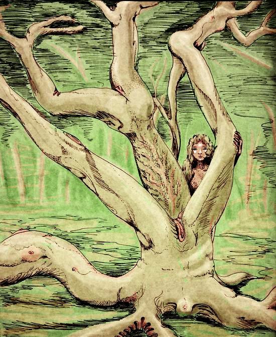 Dryad and her tree, its limbs all writhing, erotic torsos. Dream sketch by Wayan; click to enlarge.
