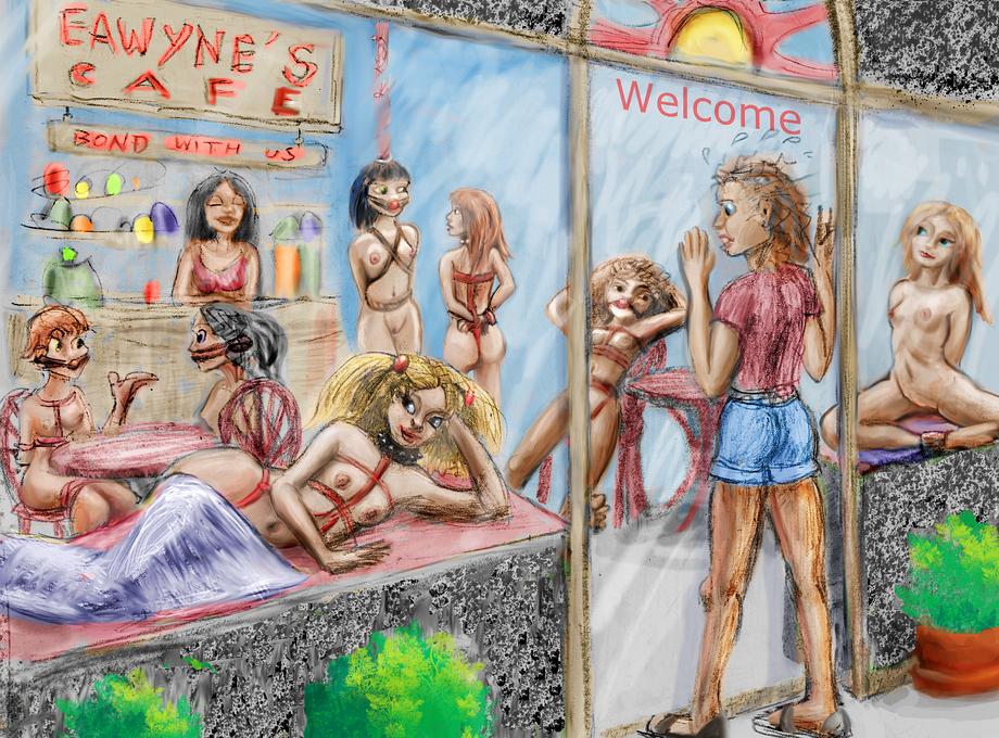 Cafe full of exhibitionists in bondage gear. Dream sketch by Wayan. Click to enlarge.