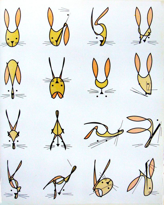 16 cartoon bunny heads with same graphic elements distorted; drawing by Larry Vigon.