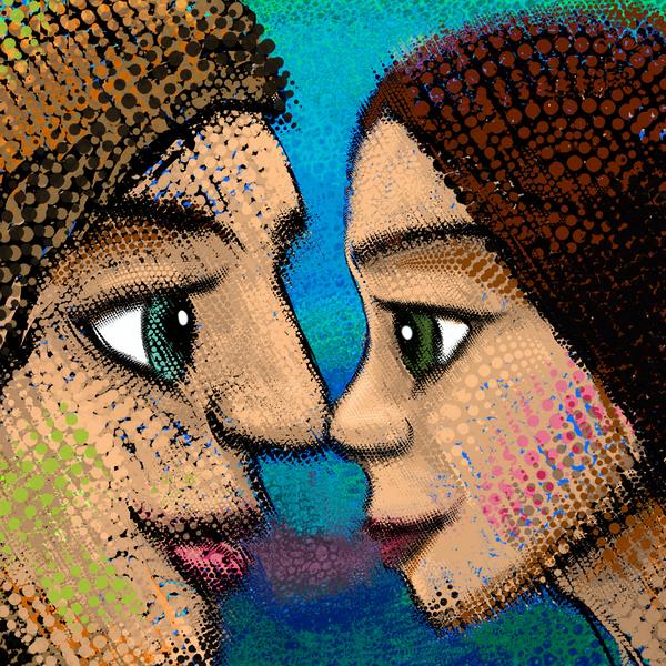 Couple gazing into one another's eyes; sketch of a dream by Wayan. Click to enlarge.
