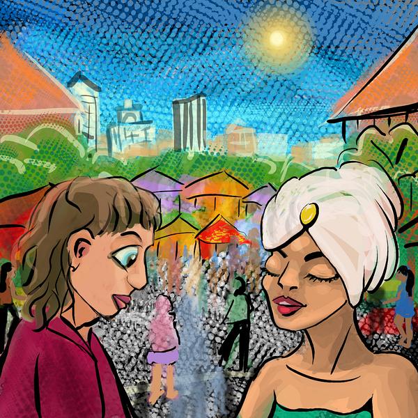 Turbaned woman tells my fortune at a fair; sketch of a dream by Wayan. Click to enlarge.