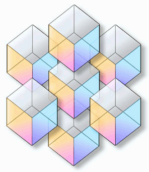 Digital painting of a dream image by SAO (Shawn Allen O'Neal): seven interlocking rainbow-tinted cubes