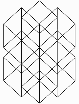 Line drawing of a dream image by SAO (Shawn Allen O'Neal): interlocking cubes seen at an angle creating a hexagonal starlike design.