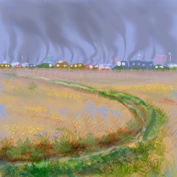 Ditch in a smoggy field. Dream sketch by Wayan. Click to enlarge.